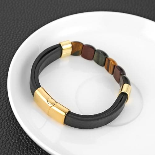 HZMAN Mens Gradient Tiger Eye Leather Bracelet for Leisure and Business