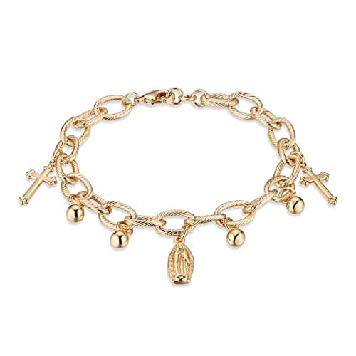 Dainty gold plated cable chain bracelet with rosary bead cross and Virgin Mary link - perfect gift for women and girls