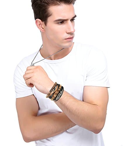 LOYALLOOK 8-34PCs Men's Leather Wrap Cuff Bracelets with Hemp Cords & Wood Beads