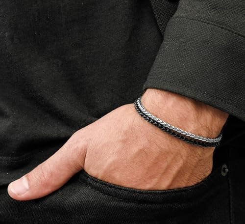 Galis Stainless Steel Rope Chain Bracelet for Men - Silver & Black 7"