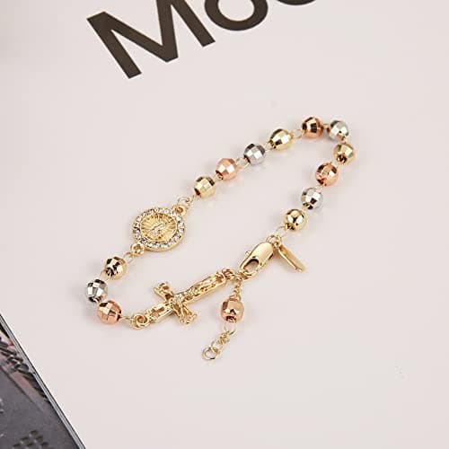 Virgin Mary Rosary Bead Cross Bracelet - Adjustable Link Bracelet for Women - Jewelry Gift