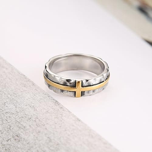 HZMAN Men's Stainless Steel Retro Hammered Cross Ring 6.5mm Wide Stackable Band Jewelry Gift