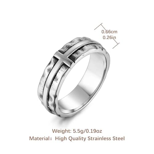HZMAN Men's Stainless Steel Retro Hammered Cross Ring 6.5mm Wide Stackable Band Jewelry Gift