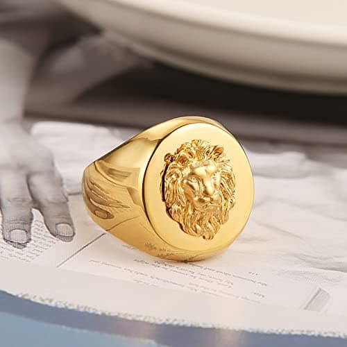 HZMAN Gold Lion Head Ring - Norse Style Heavy Metal Punk Gothic Amulet