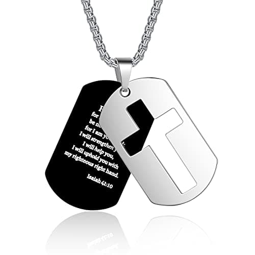 ZRAY Men's Stainless Steel Chain Dog Tag Necklace with Bible Verse Cross Pendant