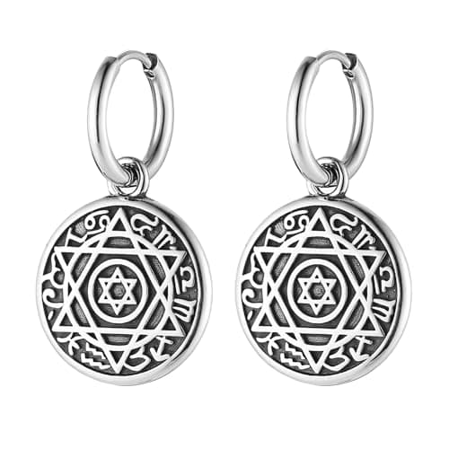 HZMAN Soloman Seal Dangle Earring for Men Round Stainless Steel Hinged Hoop Jewelry Gift