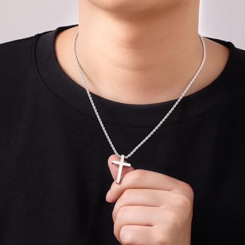 Fiusem Men's Stainless Steel Cross Necklace, 2.5mm Rope Chain, 16-28 inches