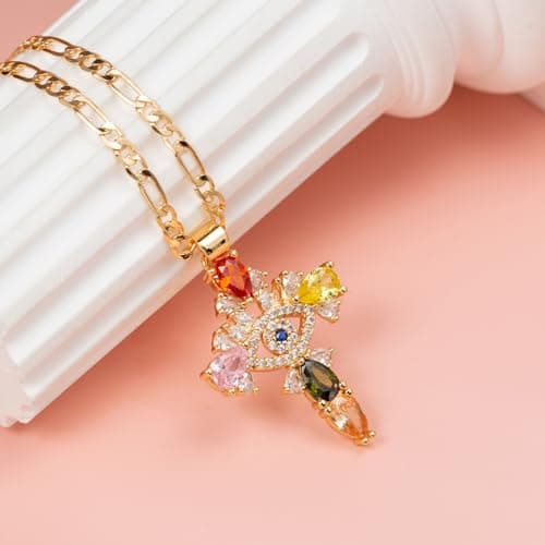Crystal Cross Necklace for Women - Rose Gold Plated Evil Eye Pendant