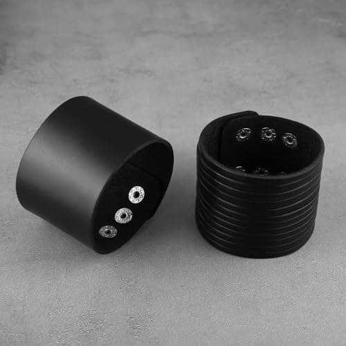 HZMAN 2Pcs Genuine Leather Men's Punk Wide Cuff Bracelets