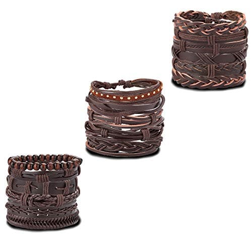 Jstyle Braided Leather Bracelet with Wooden Beads for Men & Women