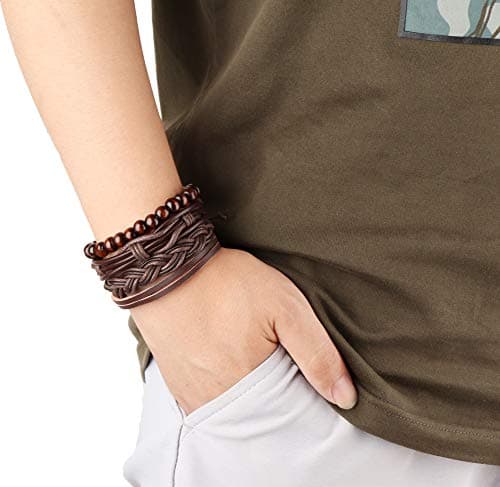 Jstyle Braided Leather Bracelet with Wooden Beads for Men & Women