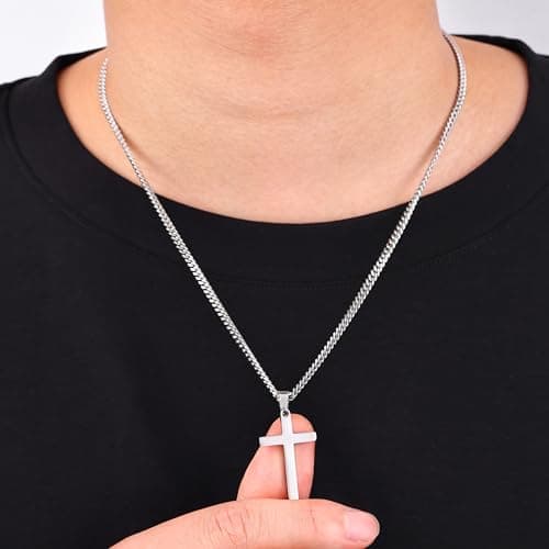 Fiusem Men's Silver Tone Cross Necklace, 3.5mm Chain, Stainless Steel Pendant, 16-24 Inches