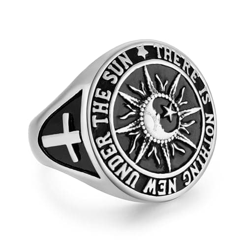 HZMAN Men's Stainless Steel Sun Moon Ring with Biblical Verse Cross Christian Jewelry