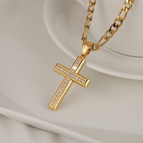 Gold-Plated CZ Cross Necklace for Men and Women - 24 Inch Chain