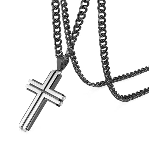 Stainless Steel Double Layer Cross Necklace for Men with 24Inch Cuban Chain