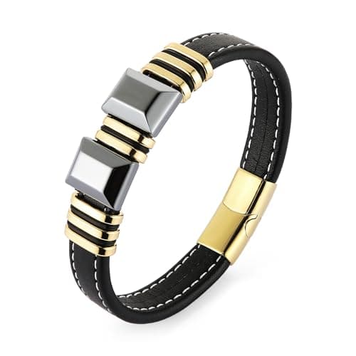 HZMAN Men's Minimalist Stainless Steel Hematite Bracelet, 8.5 İnch Genuine Leather