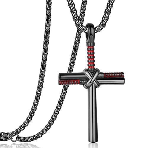 Rehoboth Baseball Bat Cross Necklace for Men and Women with 24 Stainless Steel Chain in Black, Gold, and Silver
