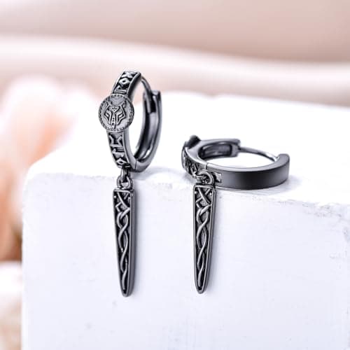 YYmqmq Gothic Punk Black Viking Runes Spike Earrings for Man 925 Silver