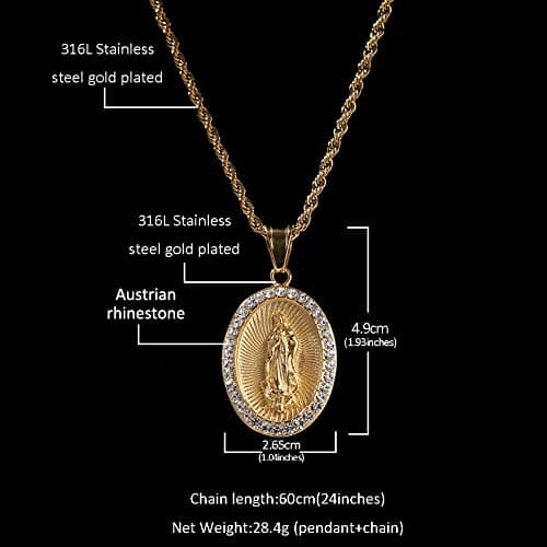 Gold Plated Virgin Mary Necklace 24in Chain for Men & Women