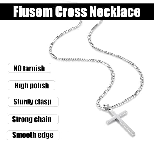 Fiusem Men's Silver Tone Cross Necklace, 3.5mm Chain, Stainless Steel Pendant, 16-24 Inches