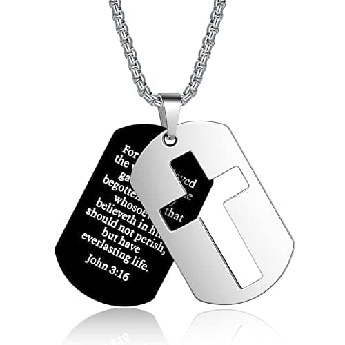 ZRAY Men's Stainless Steel Chain Dog Tag Necklace with Bible Verse Cross Pendant