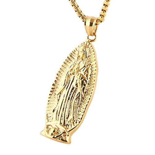 HZMAN Blessed Mother Mary Guadalupe Pendant Necklace with Steel Wheat Chain