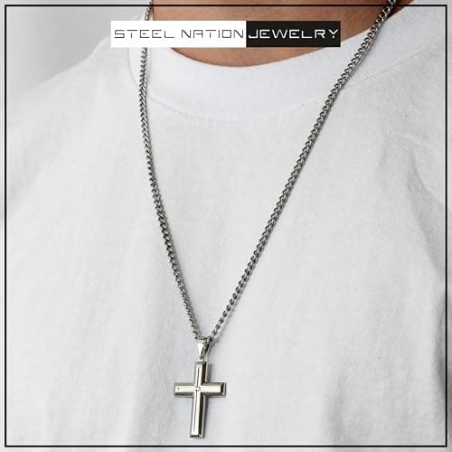 Steel Nation Jewelry Cross Diamond Necklace for Men, 24 Inch Chain