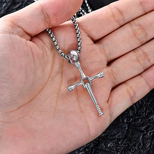 Sterling Silver Baseball Necklace Philippians 4:13 Gift for Men or Boys Bat Cross