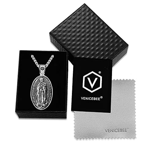 VENICEBEE Guadalupe Nuestra Señora Medal Devotional Pendant Necklace - Sterling Silver + Gift Box