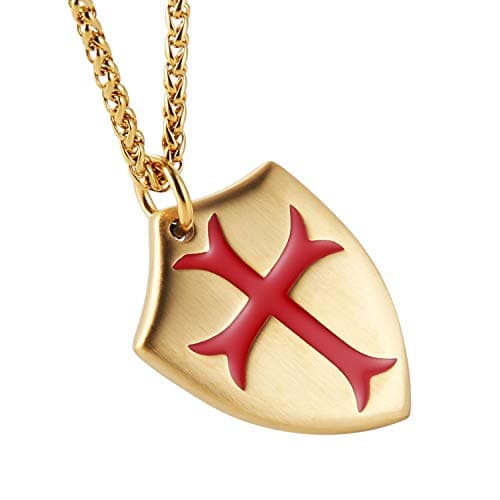 HZMAN Templar Cross Pendant Necklace with Shield 22+2 inch Chain