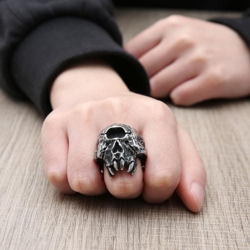 HZMAN Men's Stainless Steel Retro Skull Ring - Gothic Horror Monster Head Party Halloween Jewelry Gift