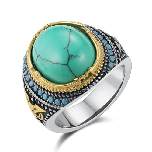 HZMAN Large Tiger Eye & Turquoise Gothic Wedding Ring Size 7-14