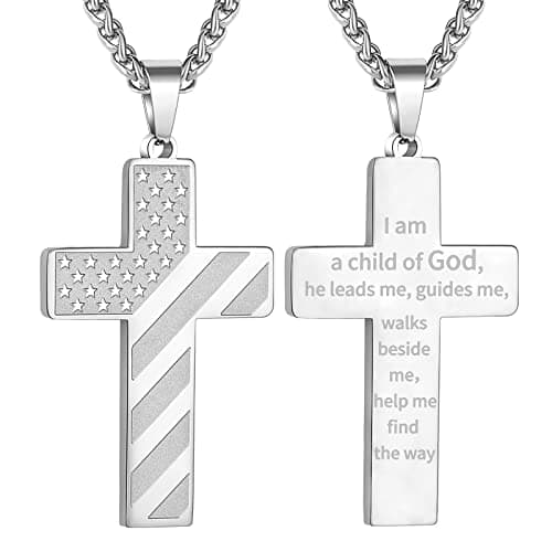 DuoDiner Graduation Gift: 18+2 Inch Cross Necklace with Bible Verse & American Flag Pendant for Men & Boys