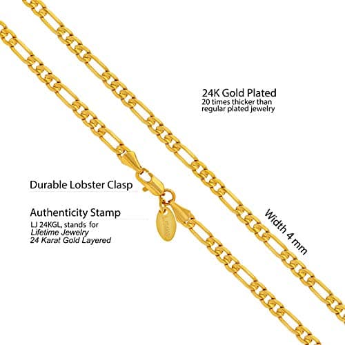 4mm Figaro Chain Necklace 24k Gold Plated for Men, Women, & Teens by LIFETIME JEWELRY