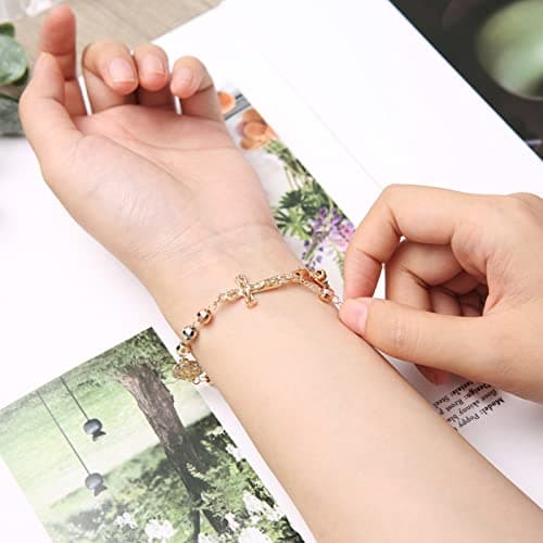 Virgin Mary Rosary Bead Cross Bracelet - Adjustable Link Bracelet for Women - Jewelry Gift