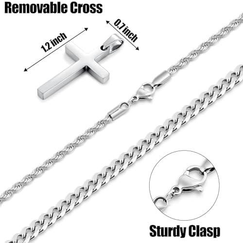 Fiusem Layered Mens Cross Necklace, Stainless Steel Pendant Rope Chain 16-26 Inch