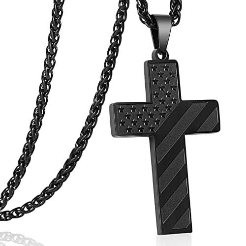 DuoDiner 24 Inch Cross Necklace for Men Boys Kids - Bible Verse American Flag Pendant Baptism First Communion Graduation