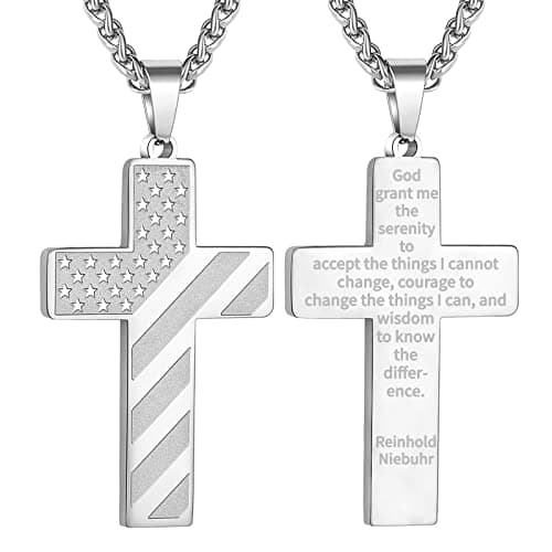 DuoDiner Graduation Gift: 18+2 Inch Cross Necklace with Bible Verse & American Flag Pendant for Men & Boys