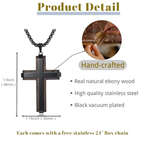 Ropartman Men's Real Ebony Cross Necklace Black Stainless Steel Pendant 24" Chain