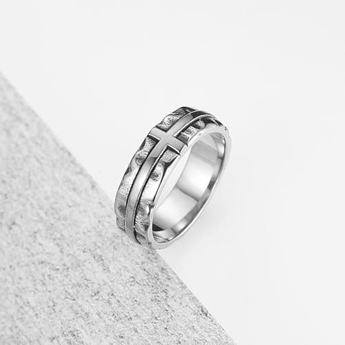 HZMAN Men's Stainless Steel Retro Hammered Cross Ring 6.5mm Wide Stackable Band Jewelry Gift