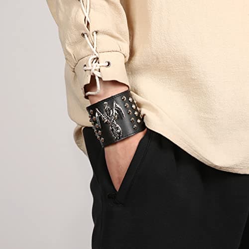 HZMAN Black Death Skull Leather Cuff Bracelet for Men