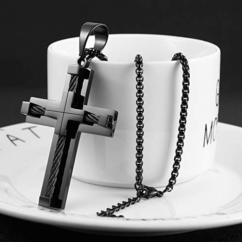 HZMAN Stainless Steel Men's Double Layer Cross Necklace with Cable Inlay 22+2 Inch Chain