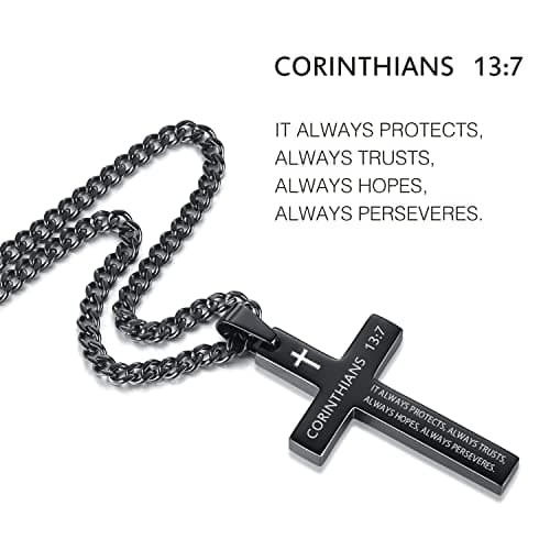 REVEMCN Men's Black Silver Stainless Steel Cross Necklace Faith Jewelry