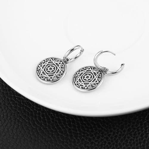 HZMAN Soloman Seal Dangle Earring for Men Round Stainless Steel Hinged Hoop Jewelry Gift