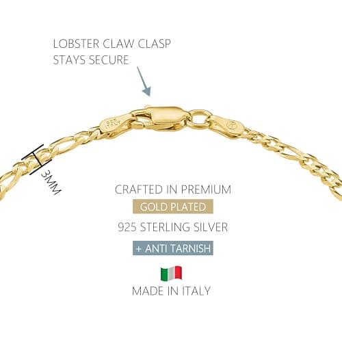 KISPER Italian 925 Sterling Silver 18k Gold Plated Diamond-Cut Figaro Chain Bracelet, 3mm