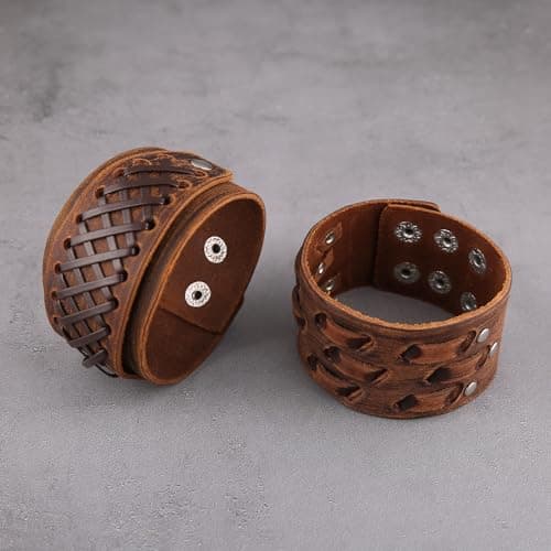 Genuine Leather Punk Bracelets for Men - Handmade Wide Cuff Wristband Jewelry Gift