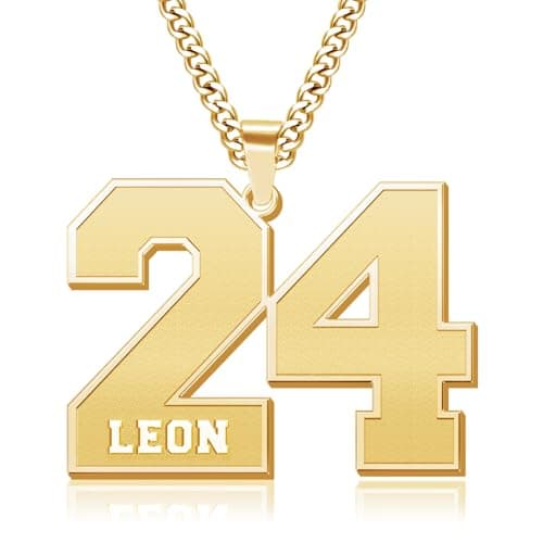 Jecivila Personalized 18K Gold Plated Mens Name Necklace, Custom Initial Number, Rope Figaro Chain Gifts for Dad & Boyfr