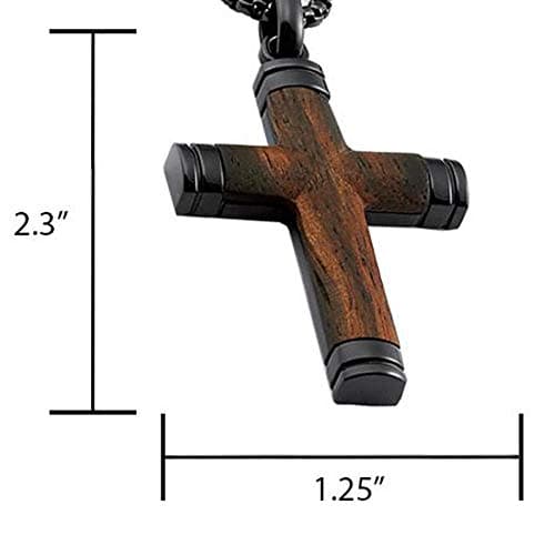 Metal Masters Co. Black Stainless Steel Cross Pendant with Real Santos Wood Necklace, 24" Round Box Chain