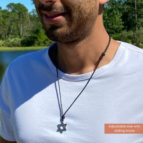 Star of David Necklace - Mens Tequila Sunrise Shop, Gold Mitzvah Gift, Jewish Jewelry, Antique Silver, Black Leather