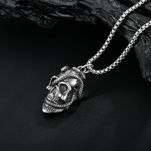 Raymard Men's Gothic Snake Skull Necklace, Stainless Steel Punk Pendant, 24" Chain